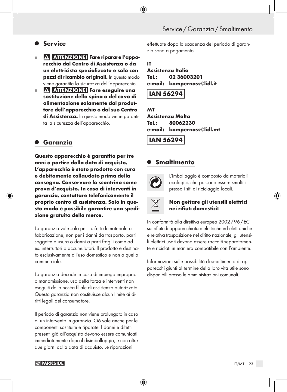 Service / garanzia / smaltimento, Service, Garanzia | Smaltimento | Parkside PTS 450 A1 User Manual | Page 23 / 55