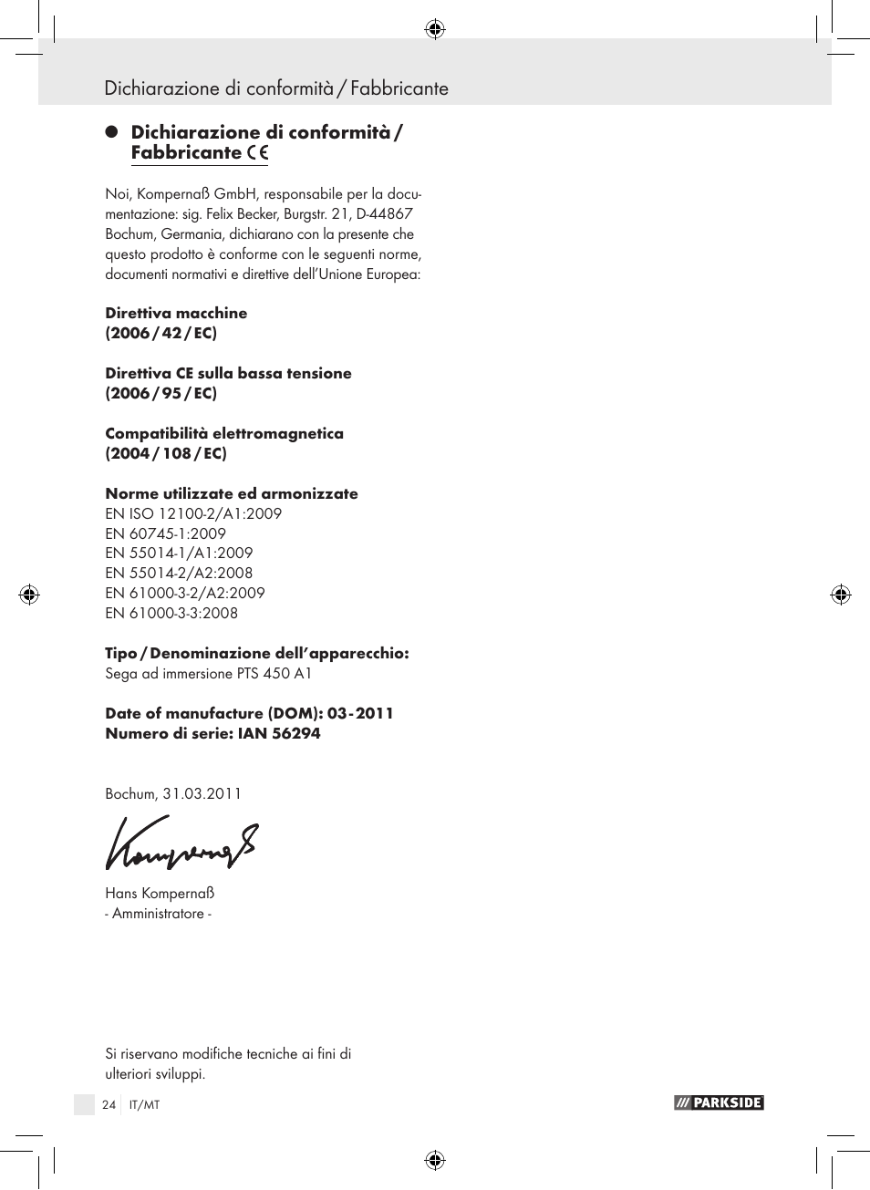 Dichiarazione di conformità / fabbricante | Parkside PTS 450 A1 User Manual | Page 24 / 55