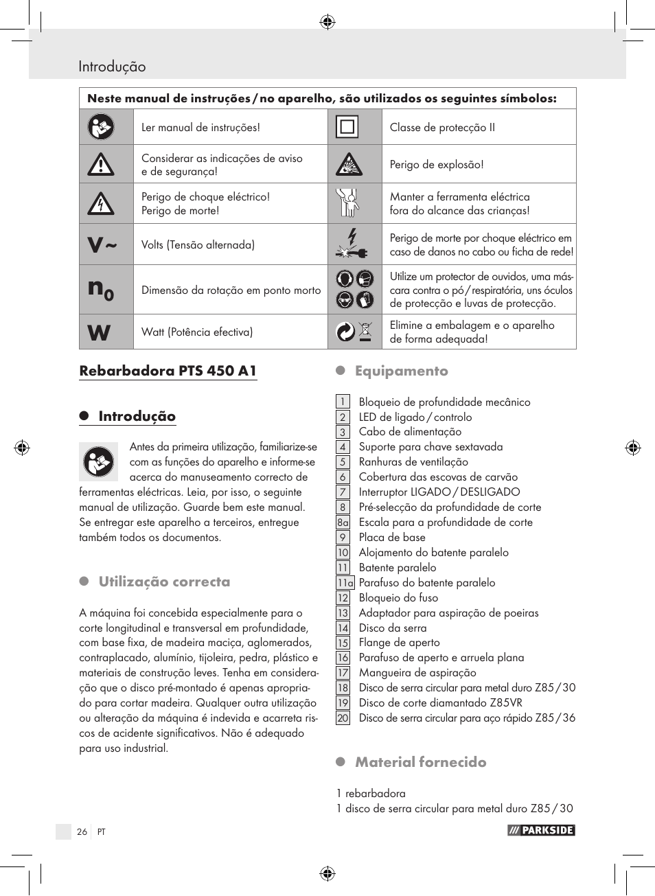 Introdução, Rebarbadora pts 450 a1, Utilização correcta | Equipamento, Material fornecido | Parkside PTS 450 A1 User Manual | Page 26 / 55