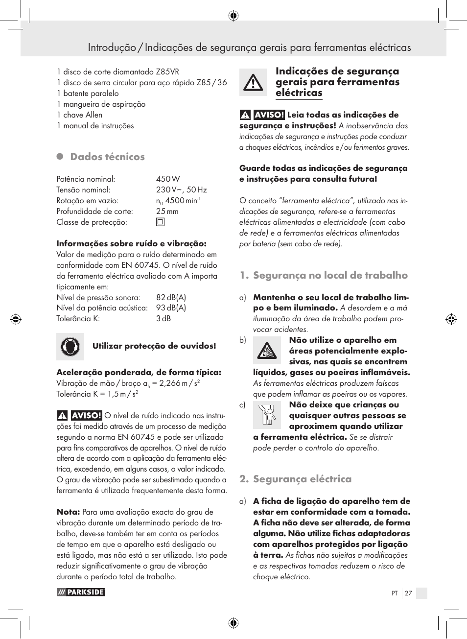Dados técnicos, Segurança no local de trabalho, Segurança eléctrica | Parkside PTS 450 A1 User Manual | Page 27 / 55