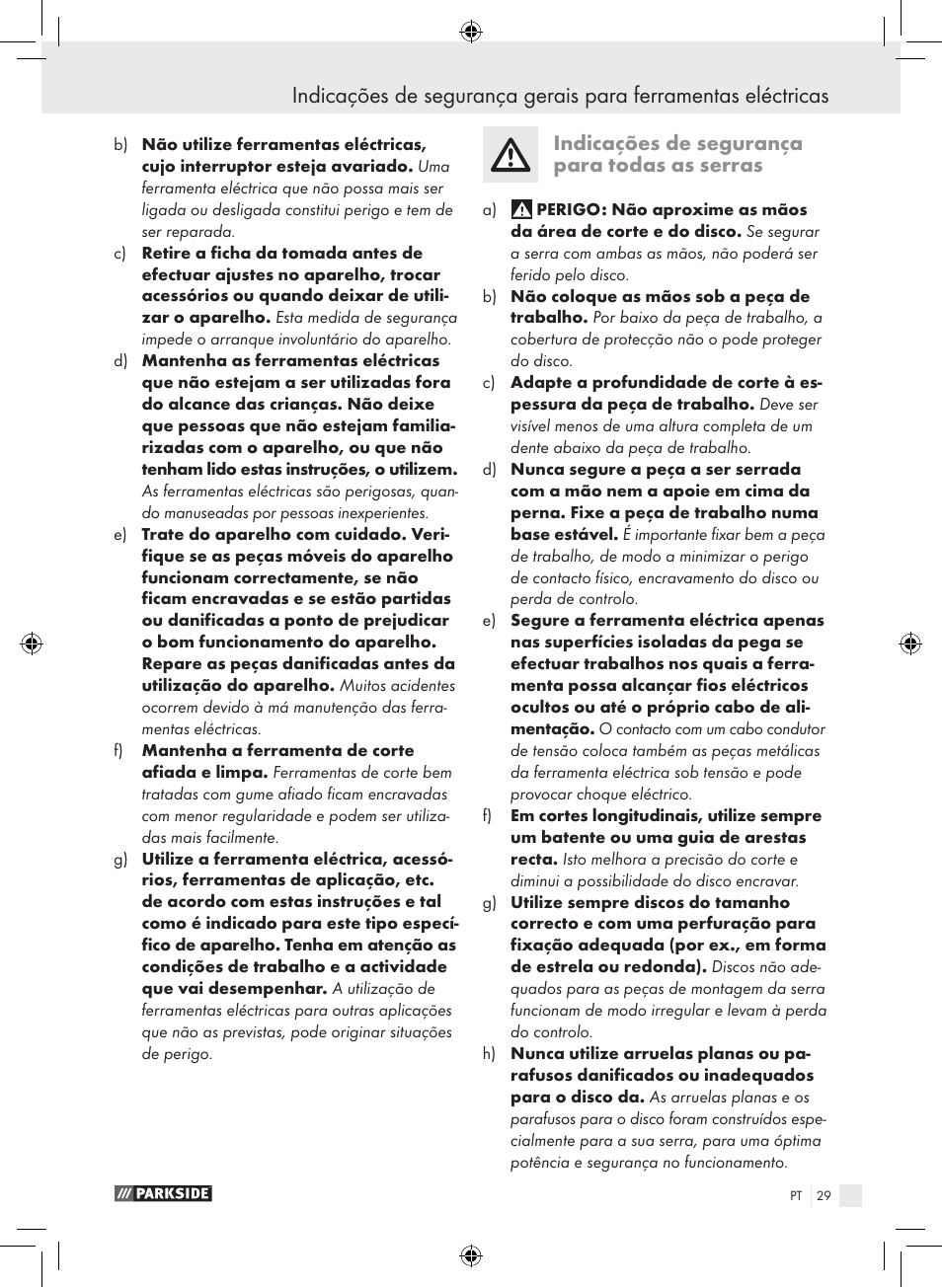 Indicações de segurança para todas as serras | Parkside PTS 450 A1 User Manual | Page 29 / 55