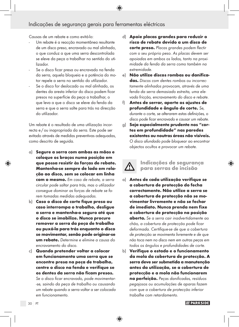 Indicações de segurança para serras de incisão | Parkside PTS 450 A1 User Manual | Page 30 / 55