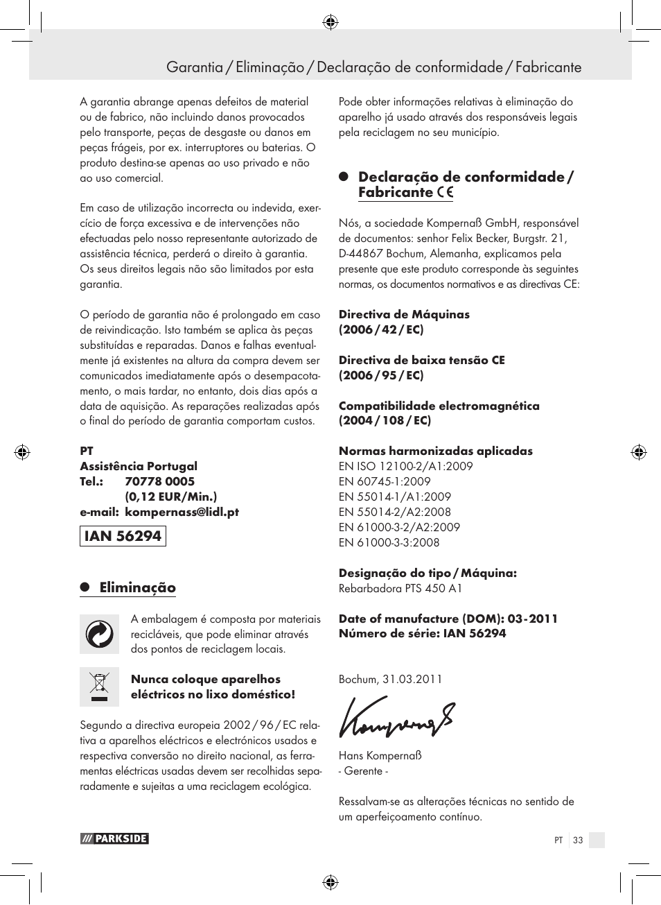 Eliminação, Declaração de conformidade / fabricante | Parkside PTS 450 A1 User Manual | Page 33 / 55