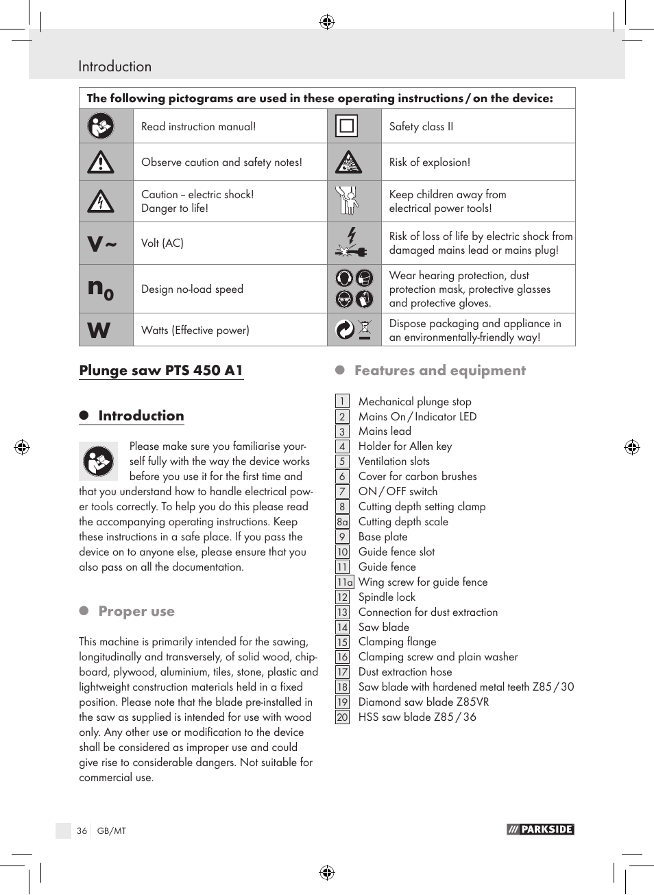 Introduction, Plunge saw pts 450 a1, Proper use | Features and equipment | Parkside PTS 450 A1 User Manual | Page 36 / 55