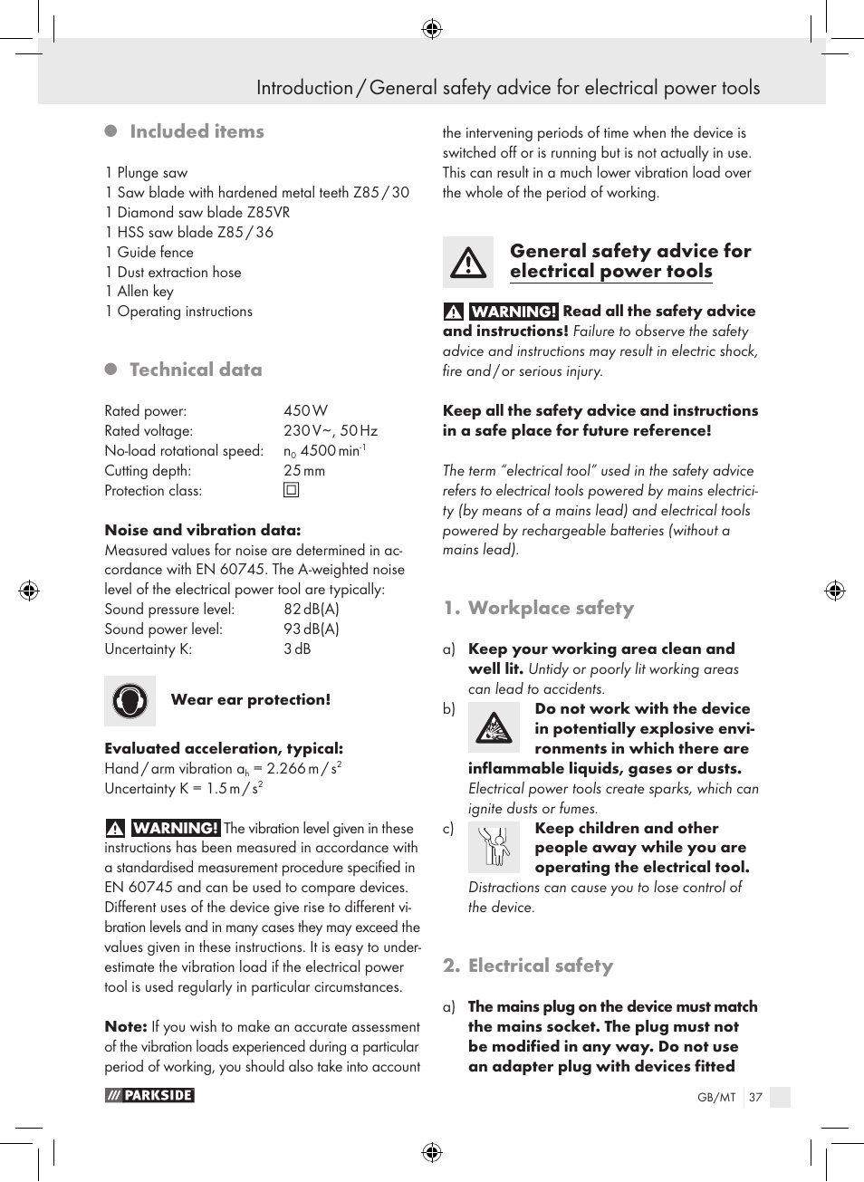 Included items, Technical data, General safety advice for electrical power tools | Workplace safety, Electrical safety | Parkside PTS 450 A1 User Manual | Page 37 / 55