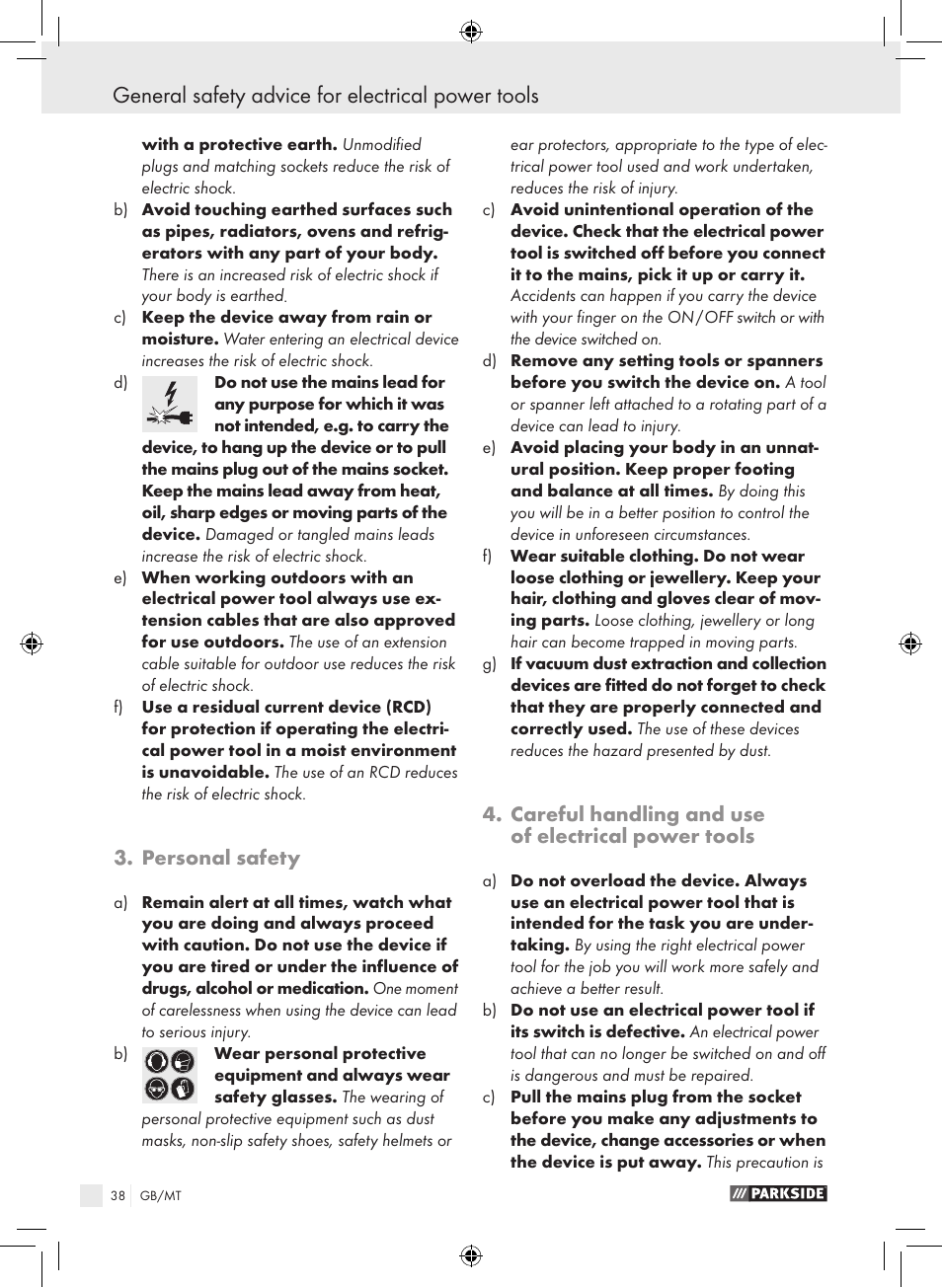 General safety advice for electrical power tools, Personal safety, Careful handling and use of electrical power tools | Parkside PTS 450 A1 User Manual | Page 38 / 55