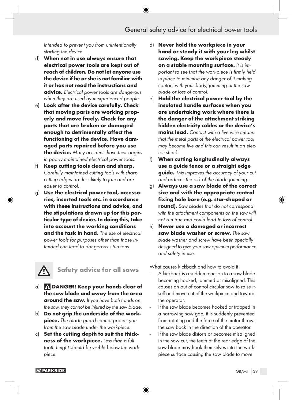 General safety advice for electrical power tools, Safety advice for all saws | Parkside PTS 450 A1 User Manual | Page 39 / 55