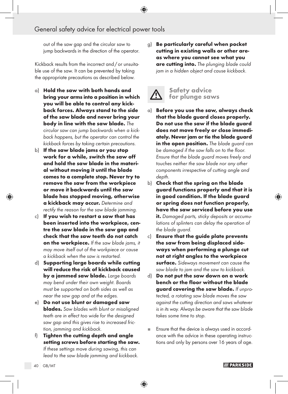 Safety advice for plunge saws | Parkside PTS 450 A1 User Manual | Page 40 / 55