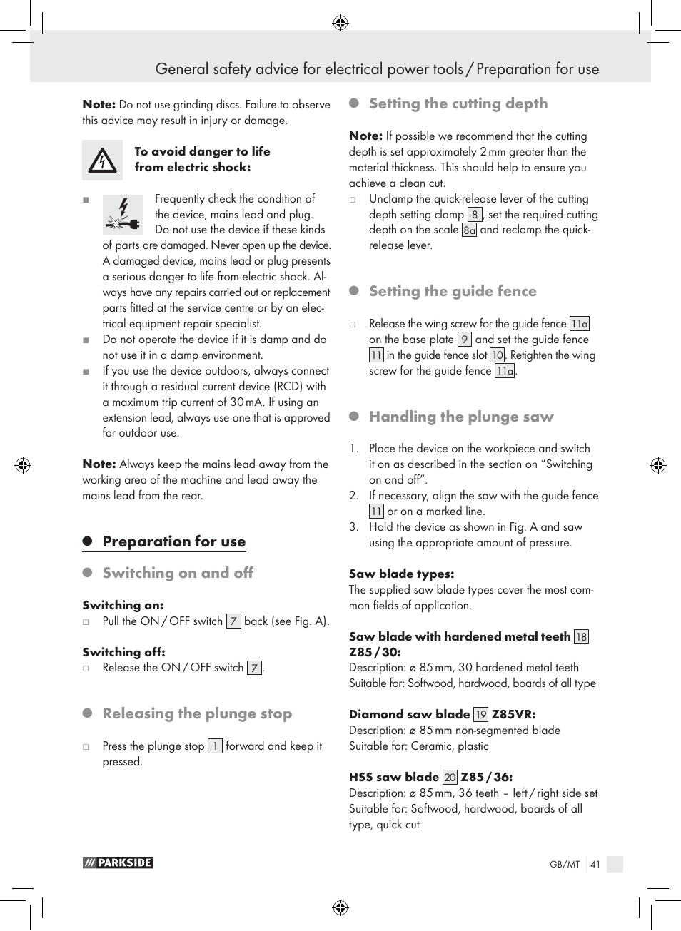 Preparation for use, Switching on and off, Releasing the plunge stop | Setting the cutting depth, Setting the guide fence, Handling the plunge saw | Parkside PTS 450 A1 User Manual | Page 41 / 55