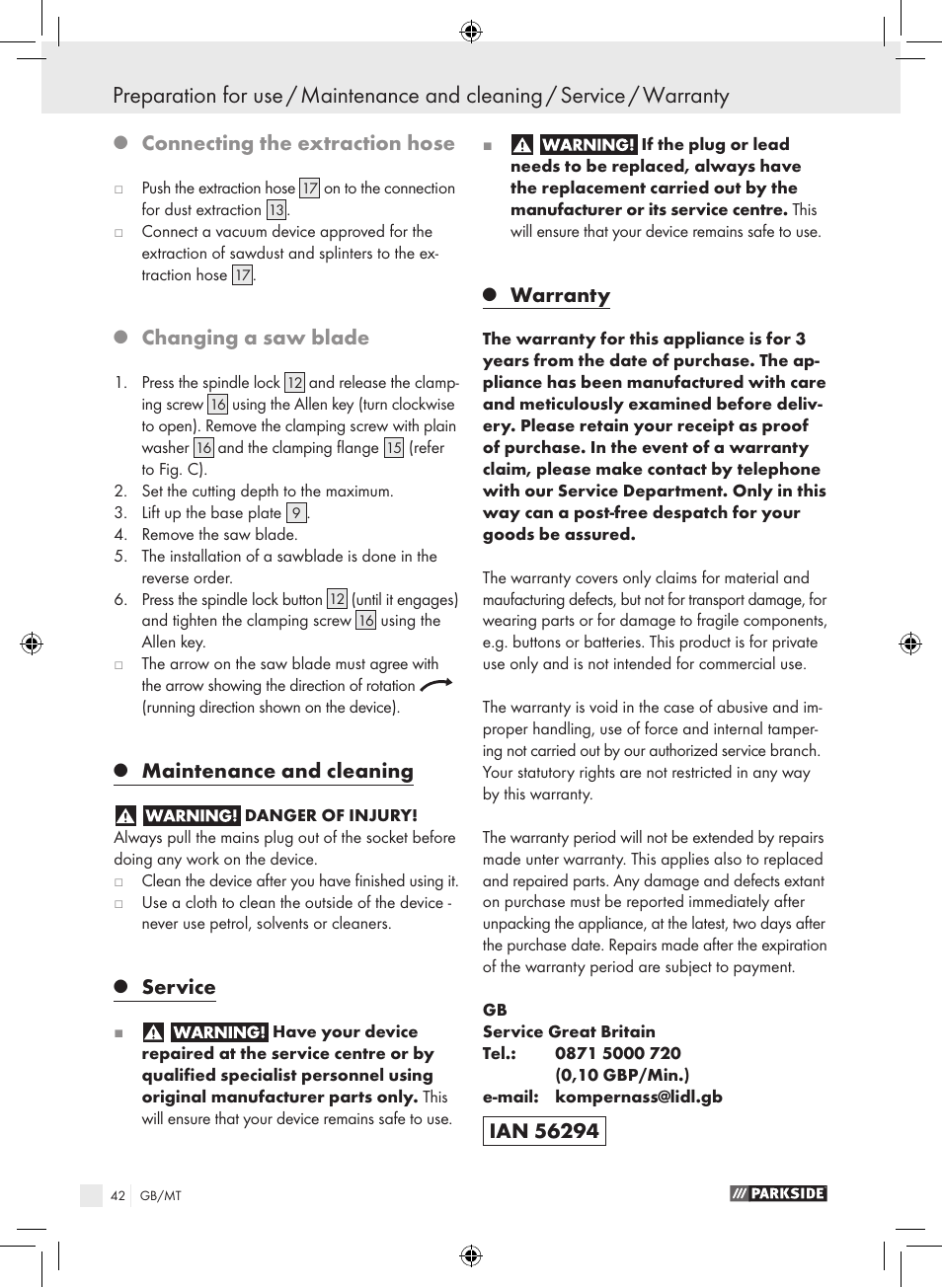 Connecting the extraction hose, Changing a saw blade, Maintenance and cleaning | Service, Warranty | Parkside PTS 450 A1 User Manual | Page 42 / 55