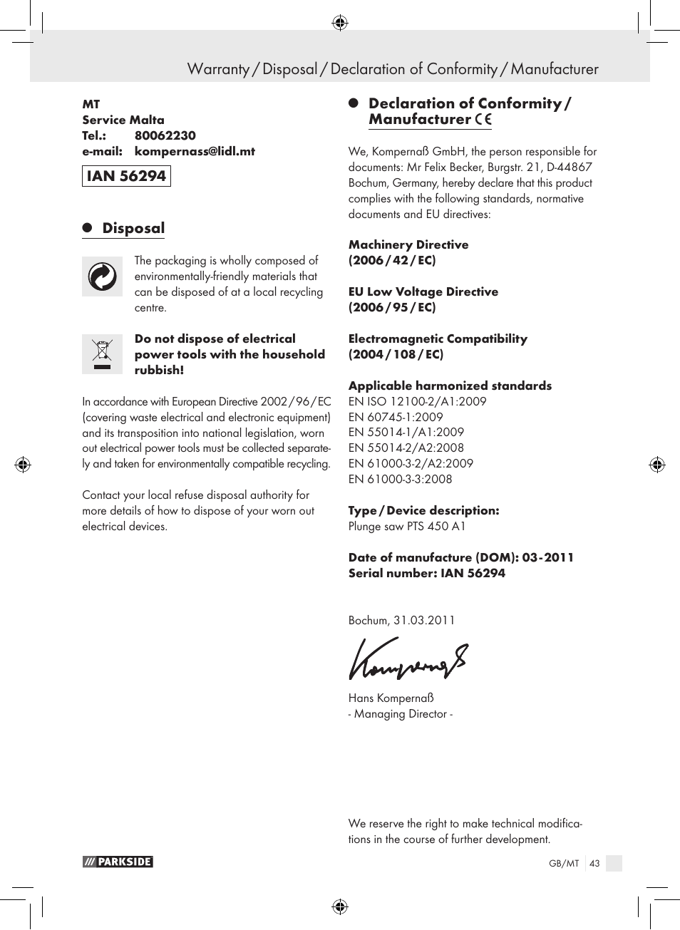 Disposal, Declaration of conformity / manufacturer | Parkside PTS 450 A1 User Manual | Page 43 / 55