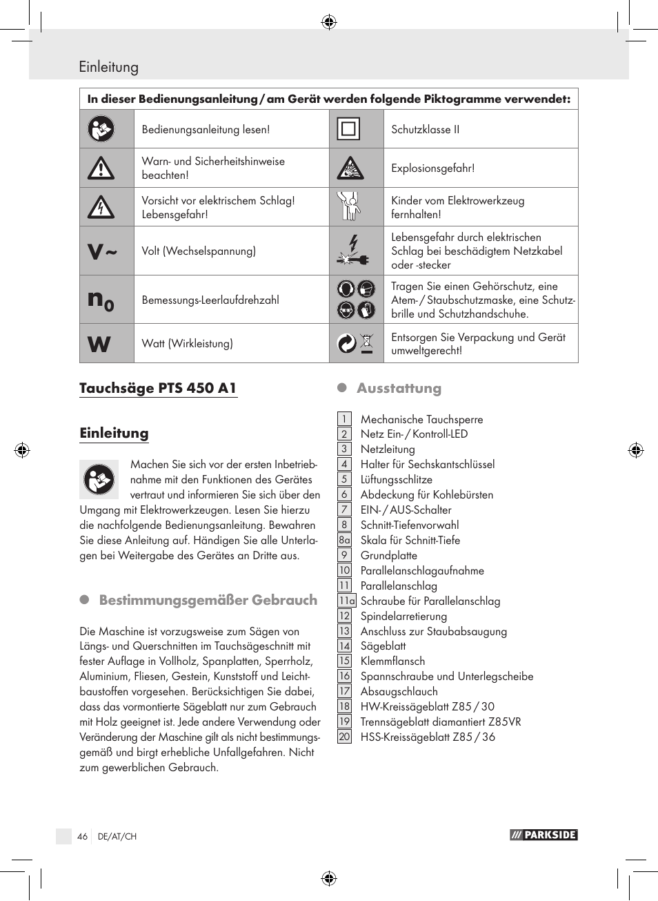 Einleitung, Tauchsäge pts 450 a1 einleitung, Bestimmungsgemäßer gebrauch | Ausstattung | Parkside PTS 450 A1 User Manual | Page 46 / 55