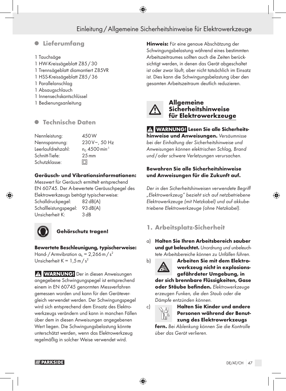 Lieferumfang, Technische daten, Arbeitsplatz-sicherheit | Parkside PTS 450 A1 User Manual | Page 47 / 55