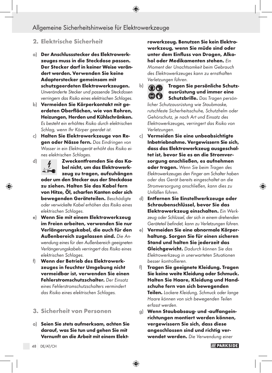 Elektrische sicherheit, Sicherheit von personen | Parkside PTS 450 A1 User Manual | Page 48 / 55