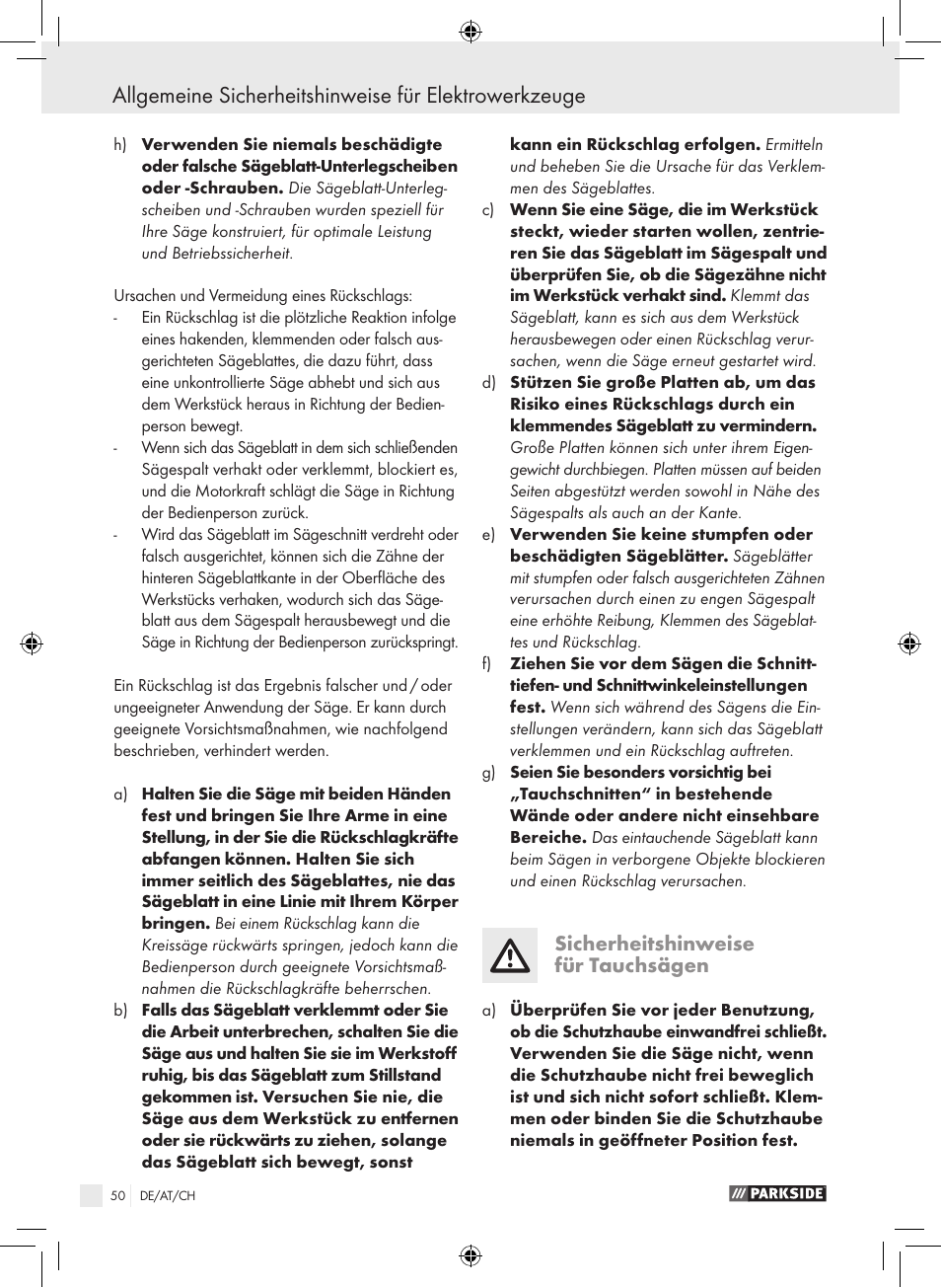 Sicherheitshinweise für tauchsägen | Parkside PTS 450 A1 User Manual | Page 50 / 55