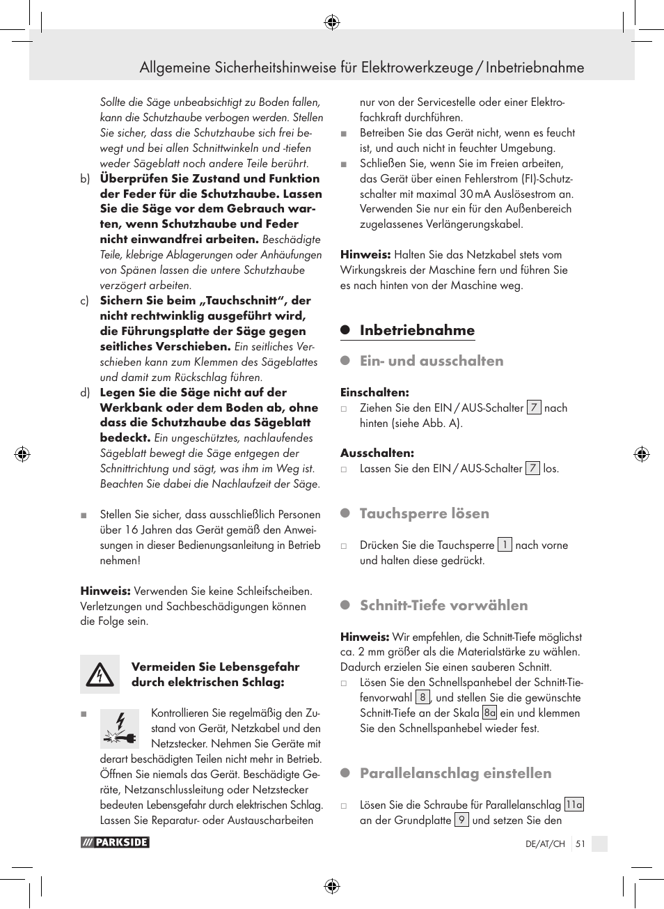 Inbetriebnahme, Ein- und ausschalten, Tauchsperre lösen | Schnitt-tiefe vorwählen, Parallelanschlag einstellen | Parkside PTS 450 A1 User Manual | Page 51 / 55