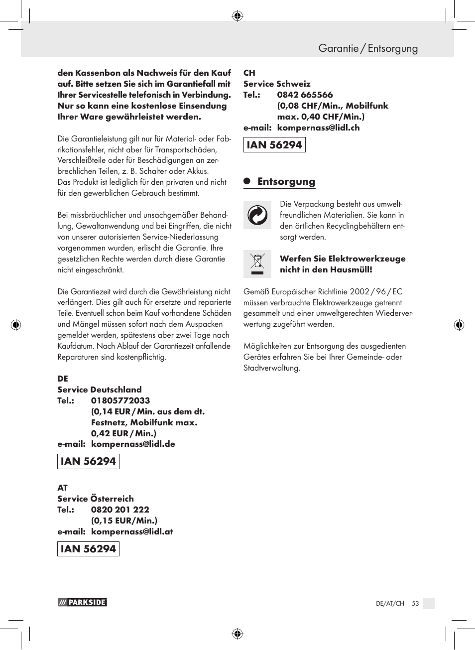 Garantie / entsorgung, Entsorgung | Parkside PTS 450 A1 User Manual | Page 53 / 55