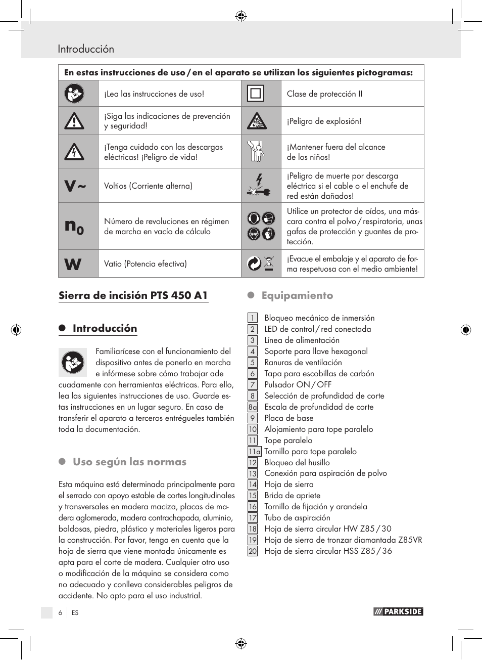 Sierra de incisión pts 450 a1, Introducción, Uso según las normas | Equipamiento | Parkside PTS 450 A1 User Manual | Page 6 / 55