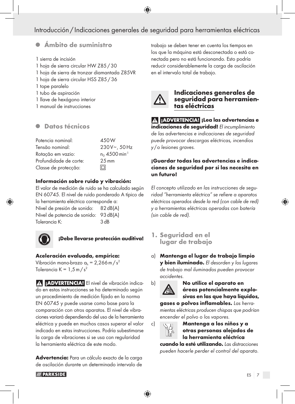 Ámbito de suministro, Datos técnicos, Seguridad en el lugar de trabajo | Parkside PTS 450 A1 User Manual | Page 7 / 55