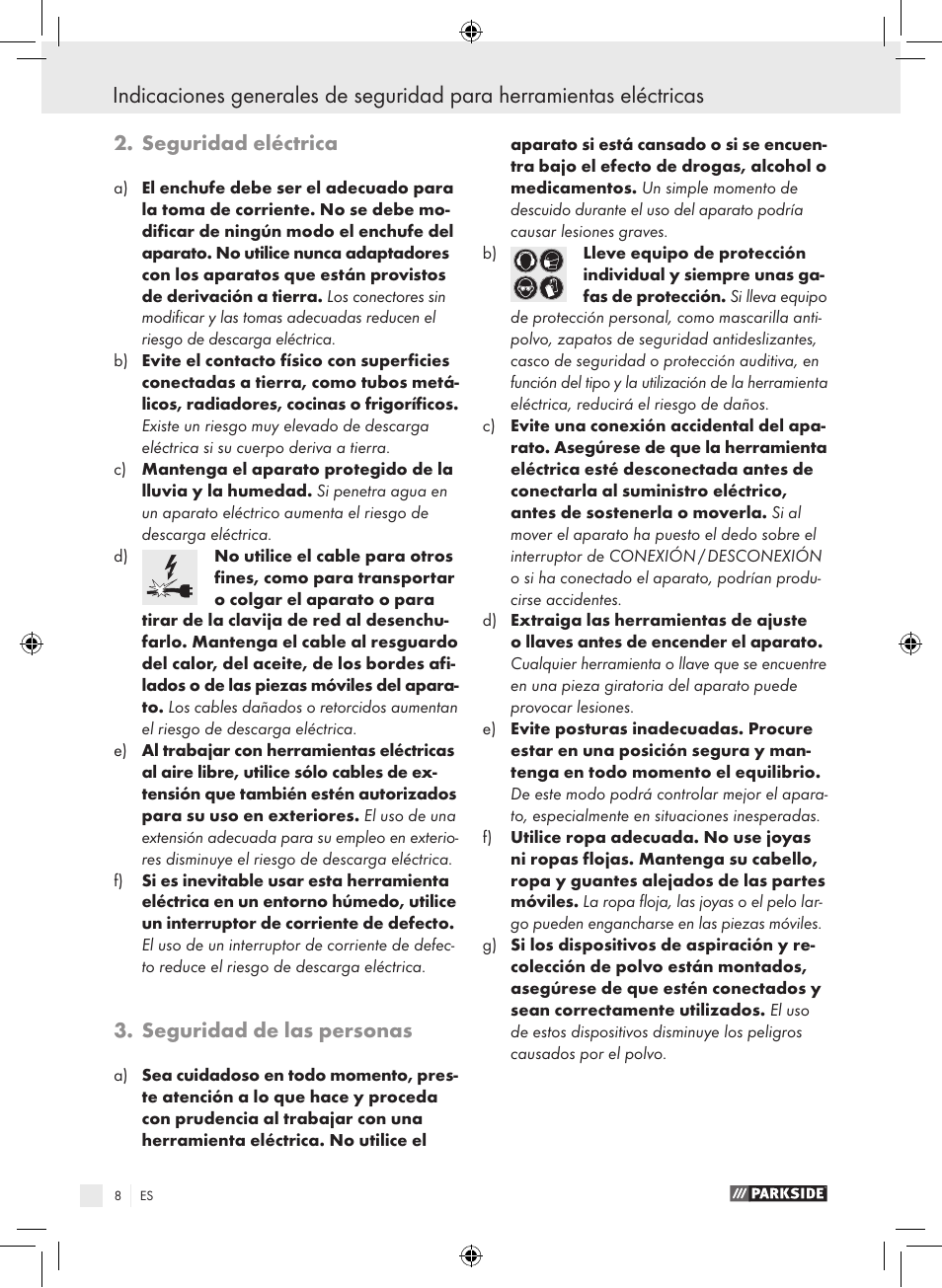 Seguridad eléctrica, Seguridad de las personas | Parkside PTS 450 A1 User Manual | Page 8 / 55