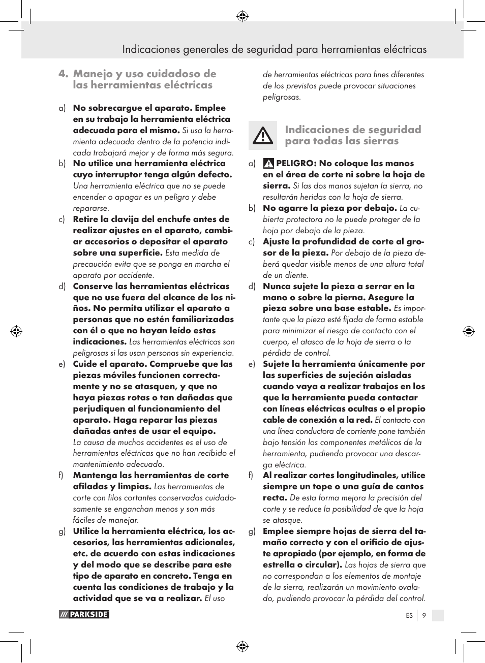 Indicaciones de seguridad para todas las sierras | Parkside PTS 450 A1 User Manual | Page 9 / 55