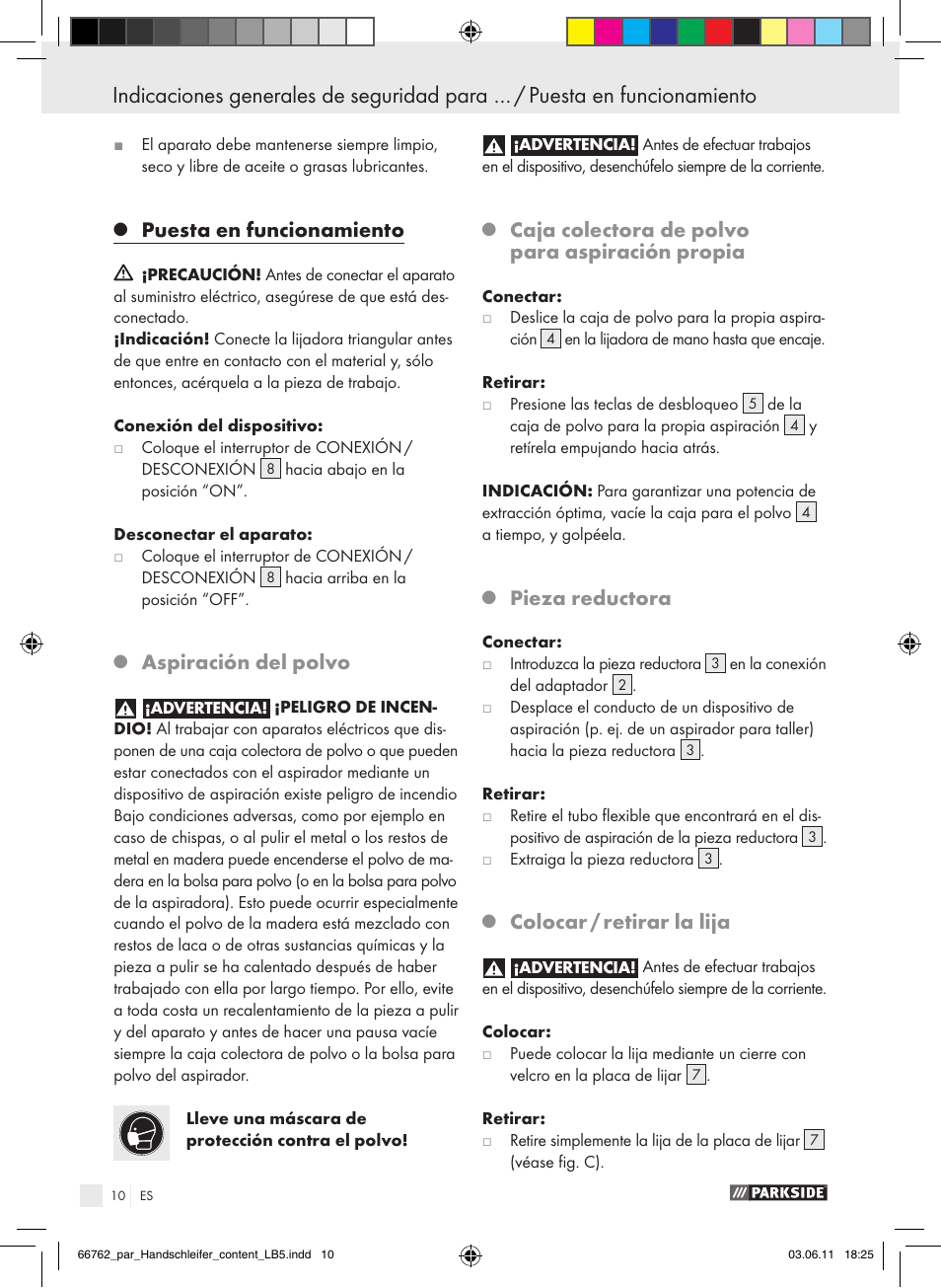 Puesta en funcionamiento, Aspiración del polvo, Caja colectora de polvo para aspiración propia | Pieza reductora, Colocar / retirar la lija | Parkside PHS 160 A1 User Manual | Page 11 / 51