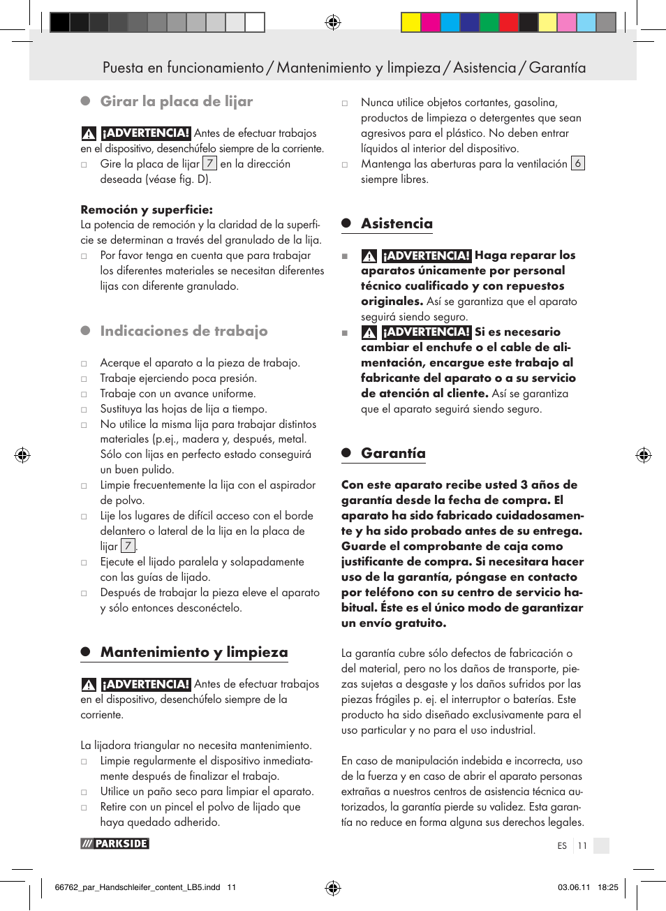 Girar la placa de lijar, Indicaciones de trabajo, Mantenimiento y limpieza | Asistencia, Garantía | Parkside PHS 160 A1 User Manual | Page 12 / 51