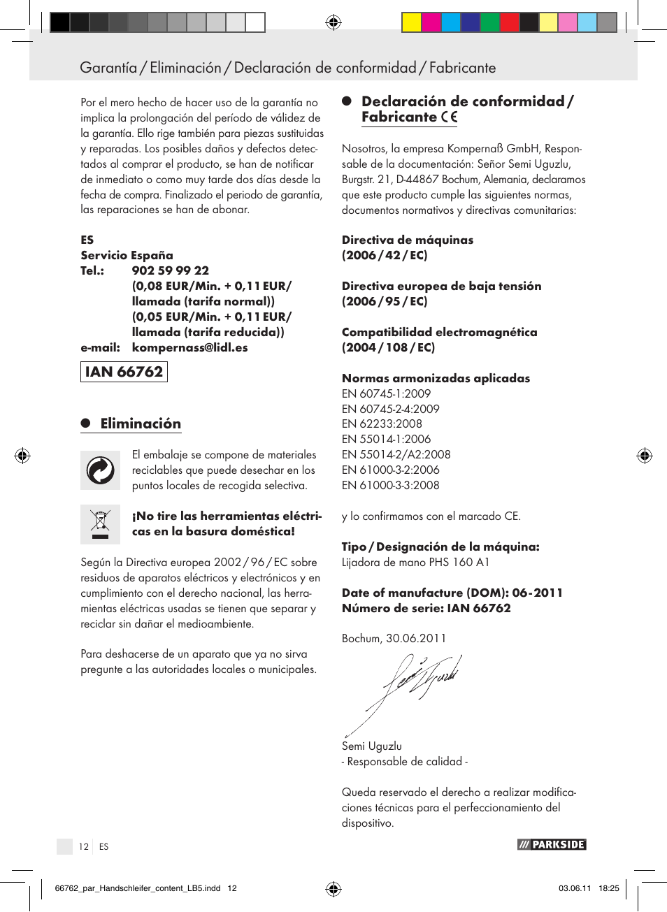 Eliminación, Declaración de conformidad / fabricante | Parkside PHS 160 A1 User Manual | Page 13 / 51