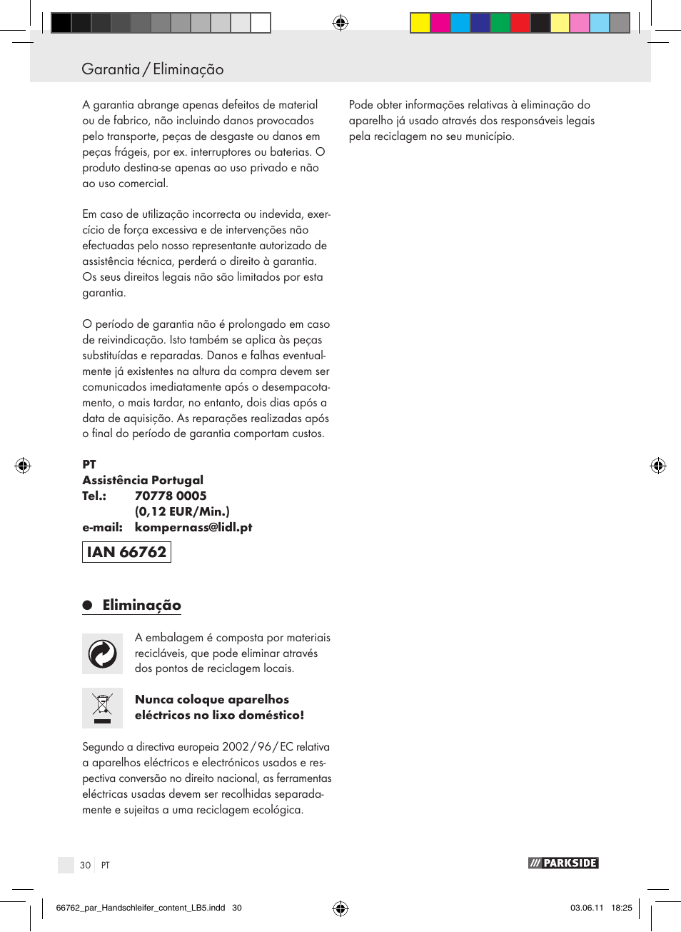 Garantia / eliminação, Eliminação | Parkside PHS 160 A1 User Manual | Page 31 / 51