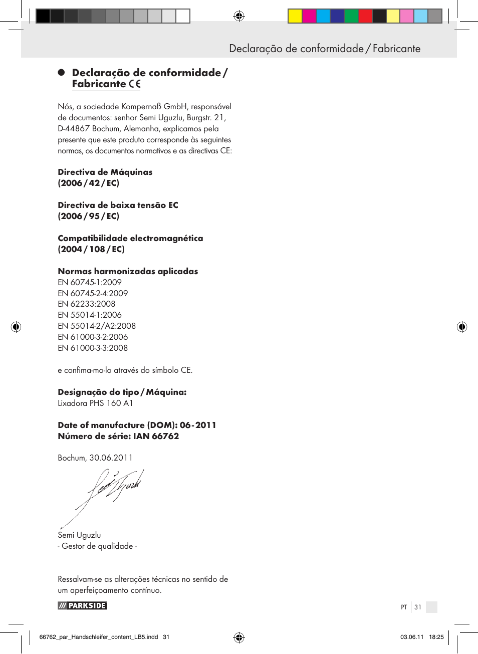 Declaração de conformidade / fabricante | Parkside PHS 160 A1 User Manual | Page 32 / 51