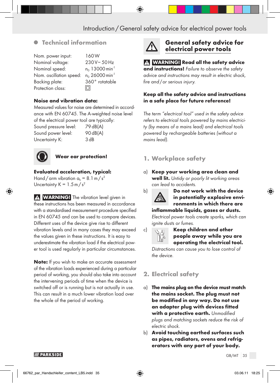 Technical information, General safety advice for electrical power tools, Workplace safety | Electrical safety | Parkside PHS 160 A1 User Manual | Page 36 / 51
