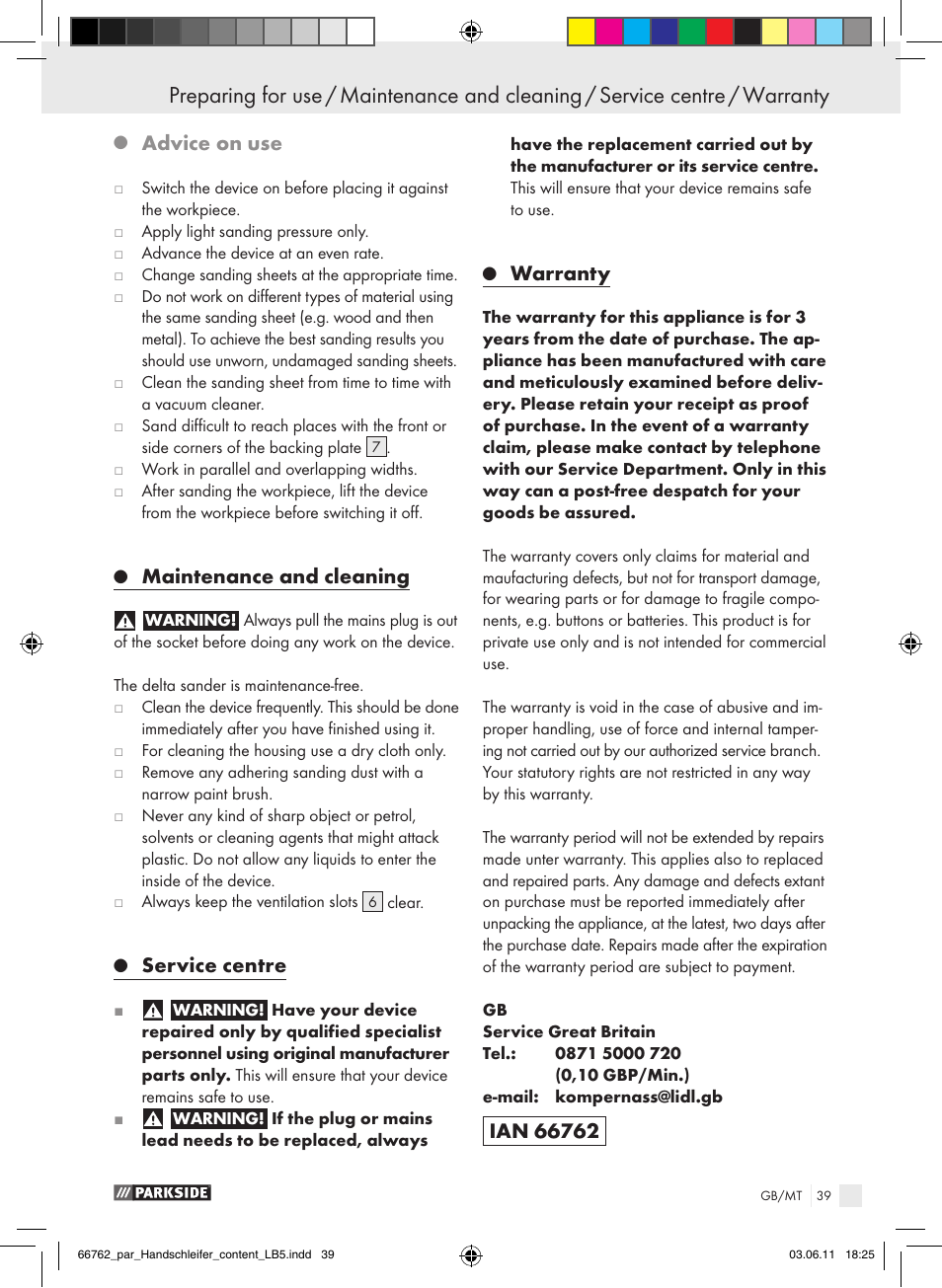 Advice on use, Maintenance and cleaning, Service centre | Warranty | Parkside PHS 160 A1 User Manual | Page 40 / 51