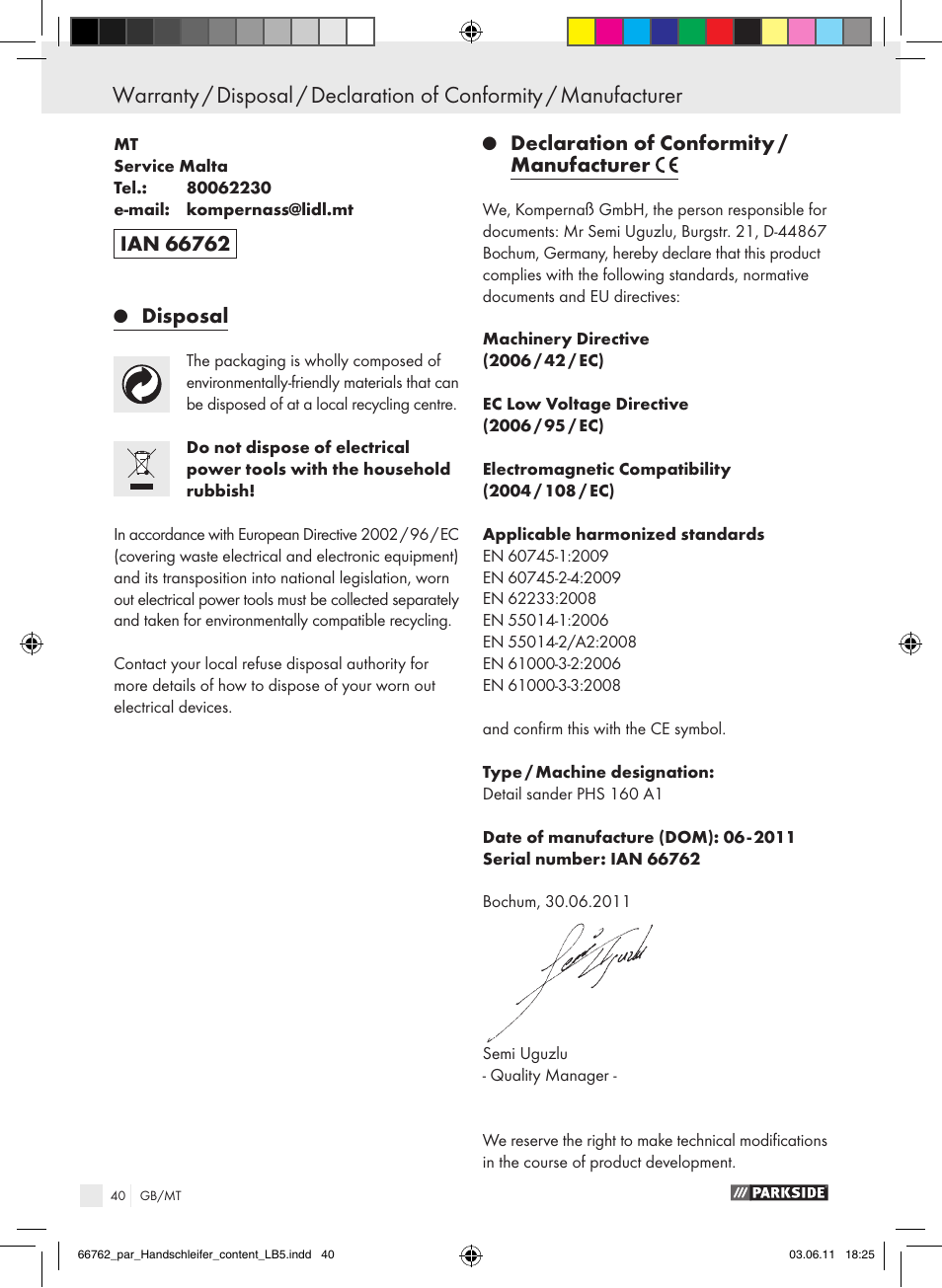 Disposal, Declaration of conformity / manufacturer | Parkside PHS 160 A1 User Manual | Page 41 / 51
