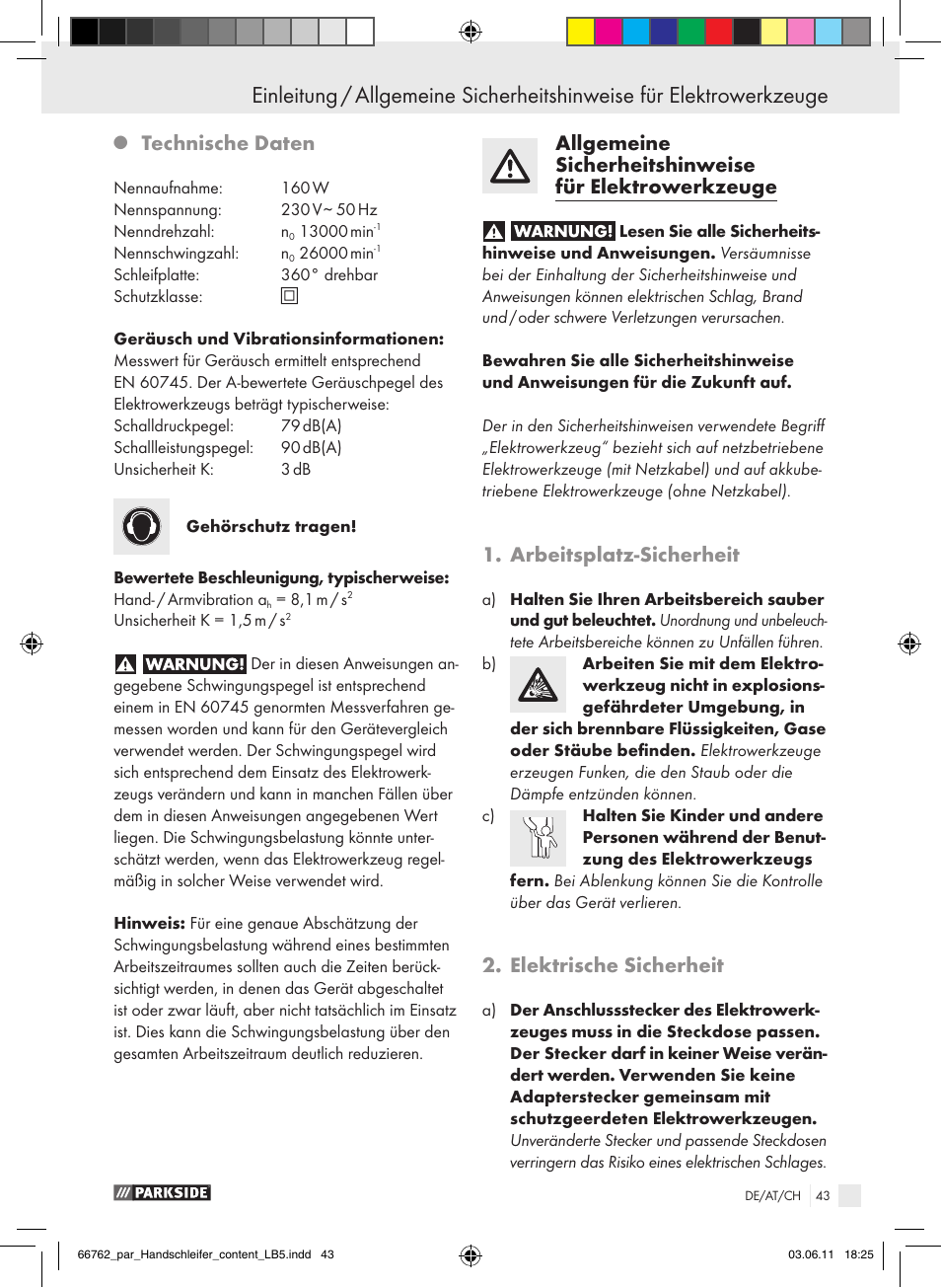 Technische daten, Arbeitsplatz-sicherheit, Elektrische sicherheit | Parkside PHS 160 A1 User Manual | Page 44 / 51