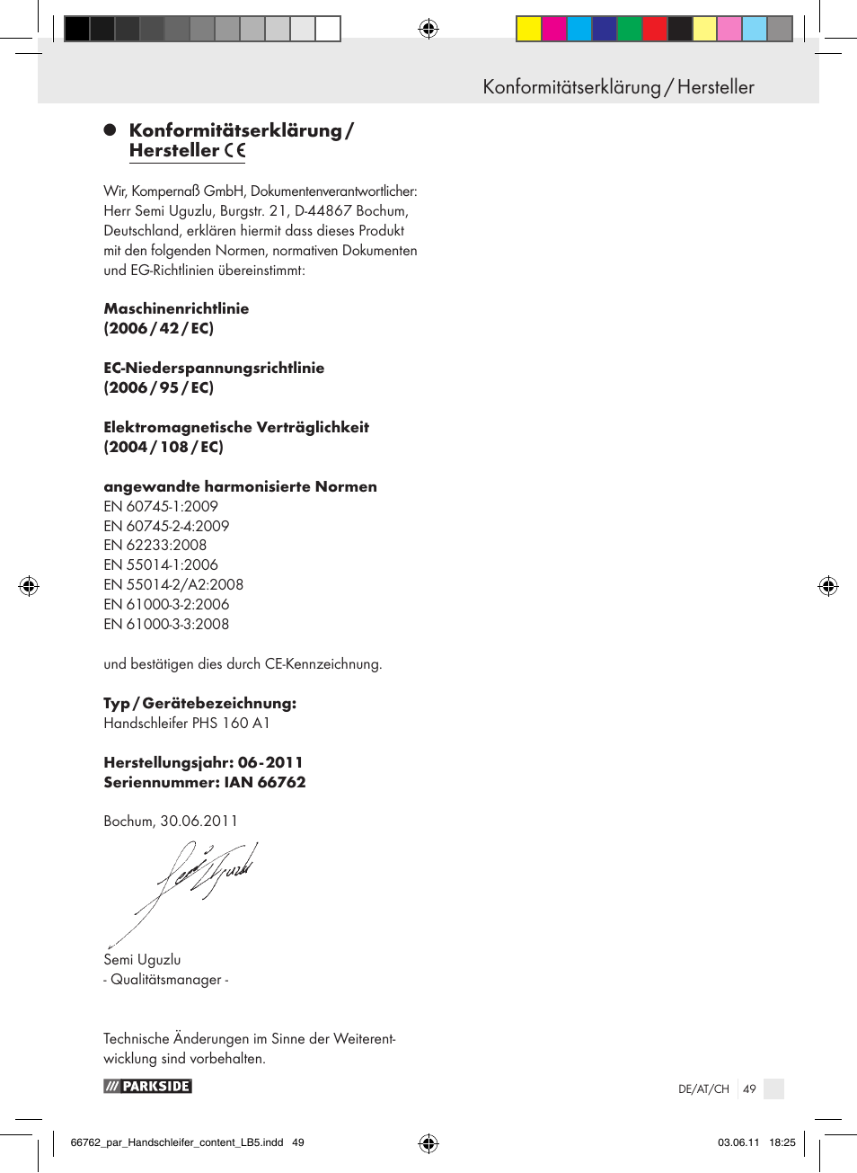 Konformitätserklärung / hersteller | Parkside PHS 160 A1 User Manual | Page 50 / 51