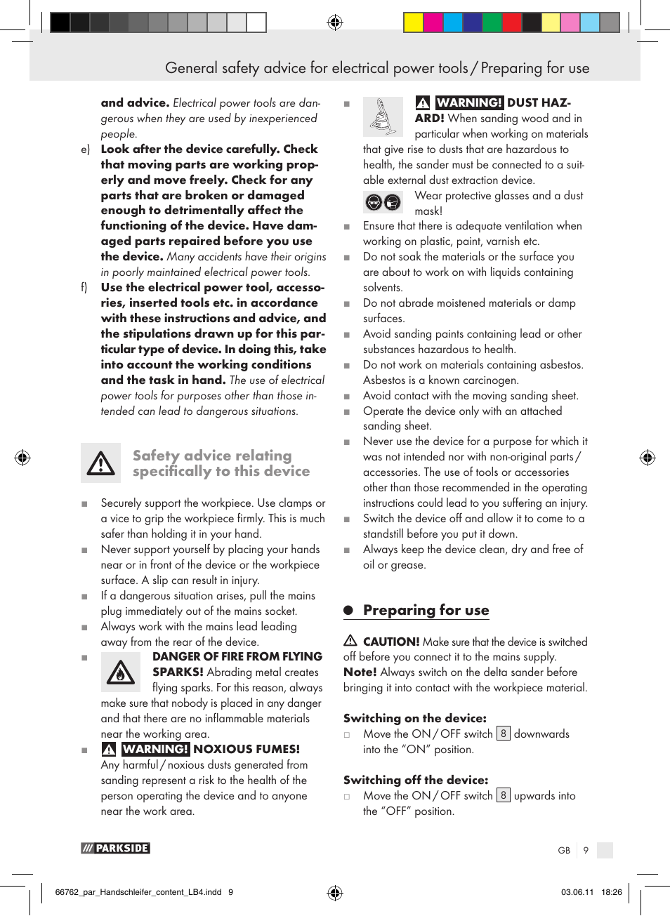 Safety advice relating specifically to this device, Preparing for use | Parkside PHS 160 A1 User Manual | Page 10 / 67