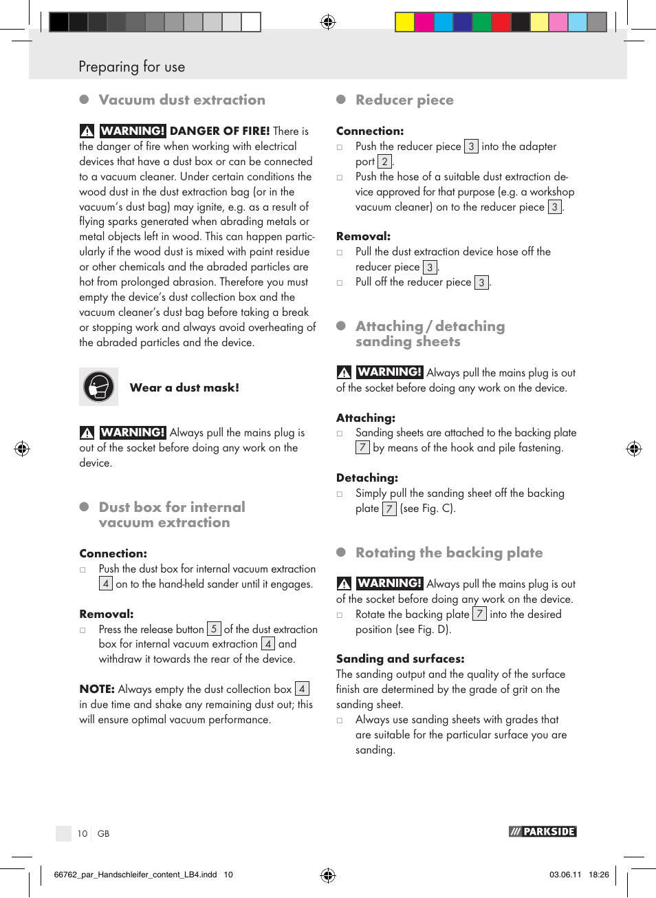 Vacuum dust extraction, Dust box for internal vacuum extraction, Reducer piece | Attaching / detaching sanding sheets, Rotating the backing plate | Parkside PHS 160 A1 User Manual | Page 11 / 67