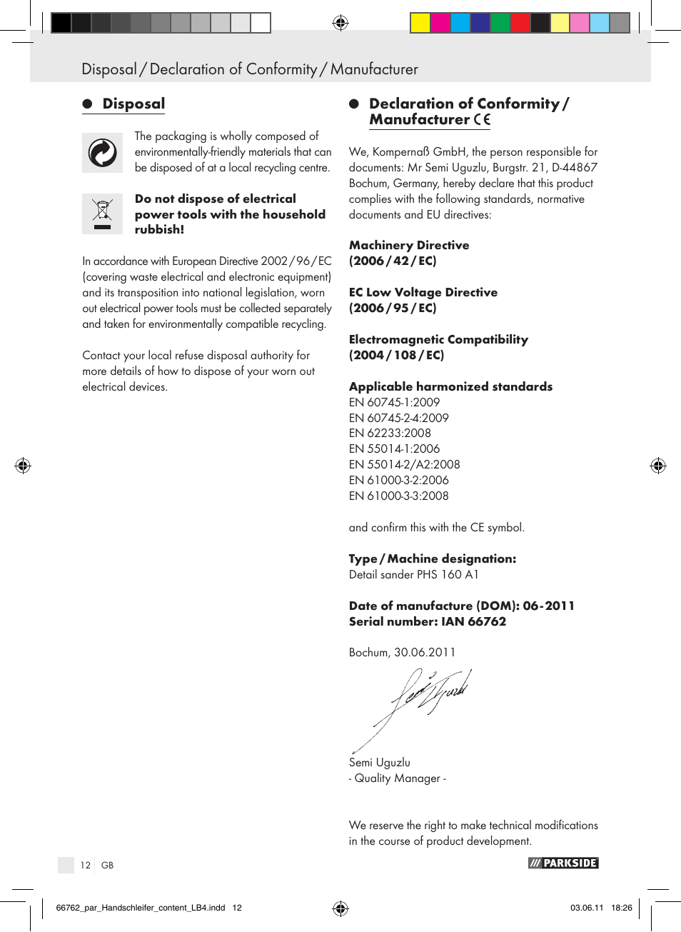 Disposal, Declaration of conformity / manufacturer | Parkside PHS 160 A1 User Manual | Page 13 / 67