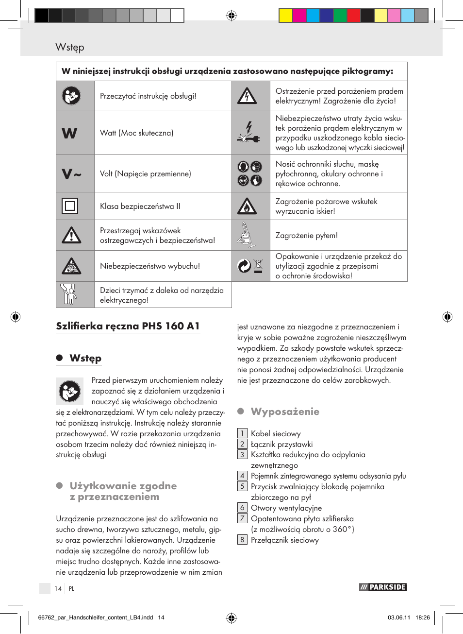 Szlifierka ręczna phs 160 a1, Wstęp, Użytkowanie zgodne z przeznaczeniem | Wyposażenie | Parkside PHS 160 A1 User Manual | Page 15 / 67