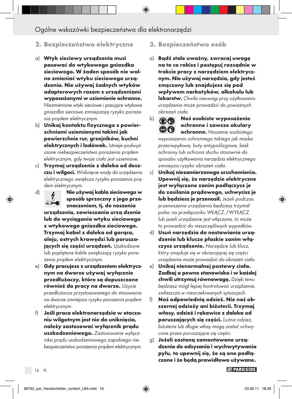 Bezpieczeństwo elektryczne, Bezpieczeństwo osób | Parkside PHS 160 A1 User Manual | Page 17 / 67