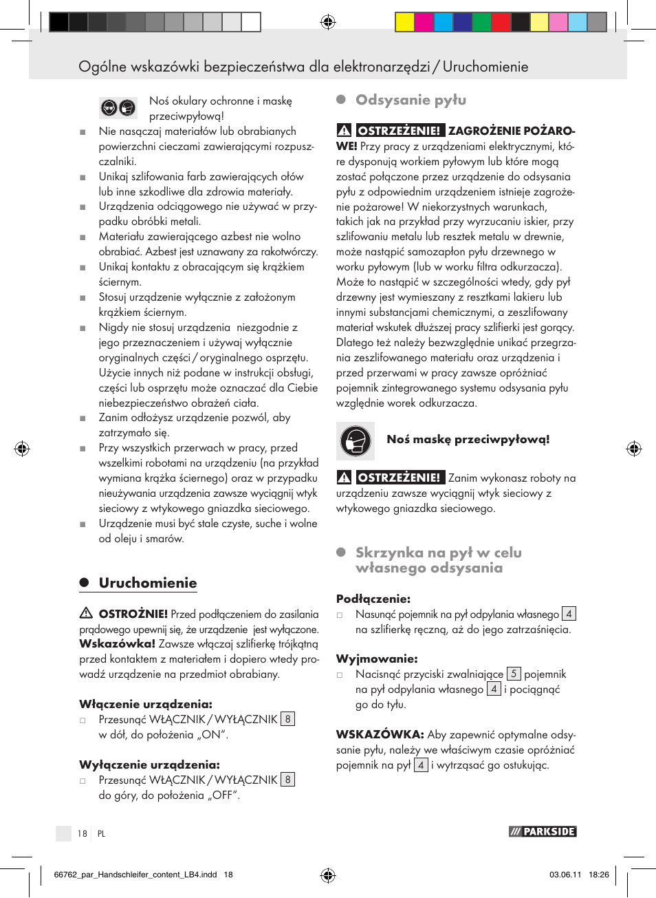 Uruchomienie, Odsysanie pyłu, Skrzynka na pył w celu własnego odsysania | Parkside PHS 160 A1 User Manual | Page 19 / 67