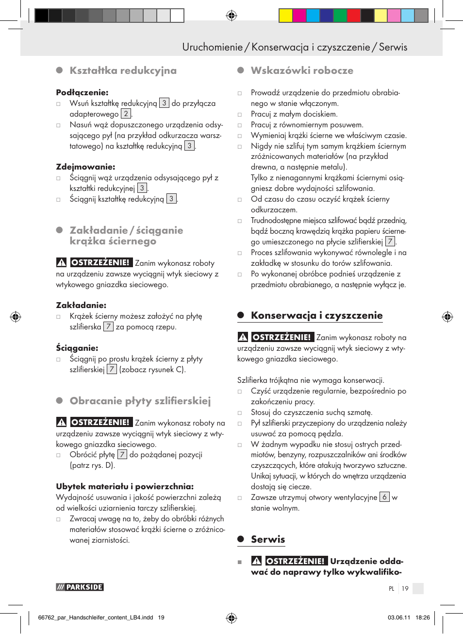 Uruchomienie / konserwacja i czyszczenie / serwis, Kształtka redukcyjna, Zakładanie / ściąganie krążka ściernego | Obracanie płyty szlifierskiej, Wskazówki robocze, Konserwacja i czyszczenie, Serwis | Parkside PHS 160 A1 User Manual | Page 20 / 67