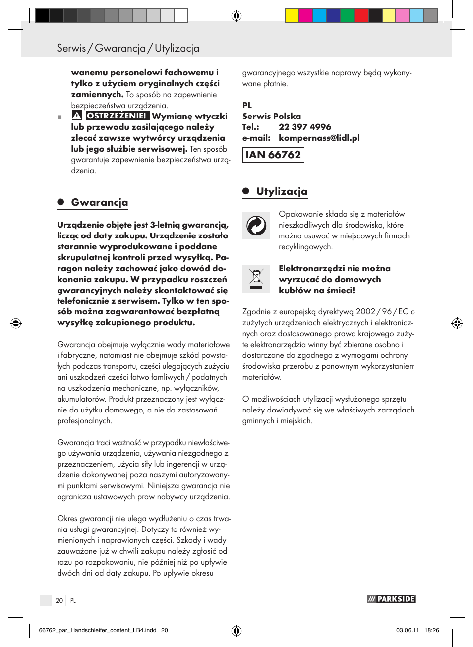 Serwis / gwarancja / utylizacja, Gwarancja, Utylizacja | Parkside PHS 160 A1 User Manual | Page 21 / 67