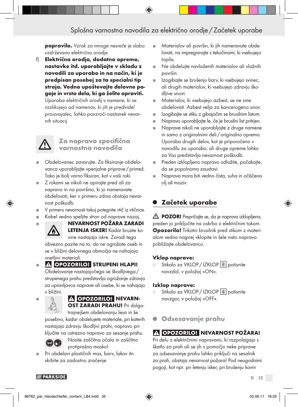 Za napravo specifična varnostna navodila, Začetek uporabe, Odsesavanje prahu | Parkside PHS 160 A1 User Manual | Page 36 / 67