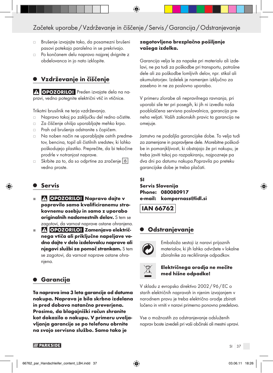 Vzdrževanje in čiščenje, Servis, Garancija | Odstranjevanje | Parkside PHS 160 A1 User Manual | Page 38 / 67