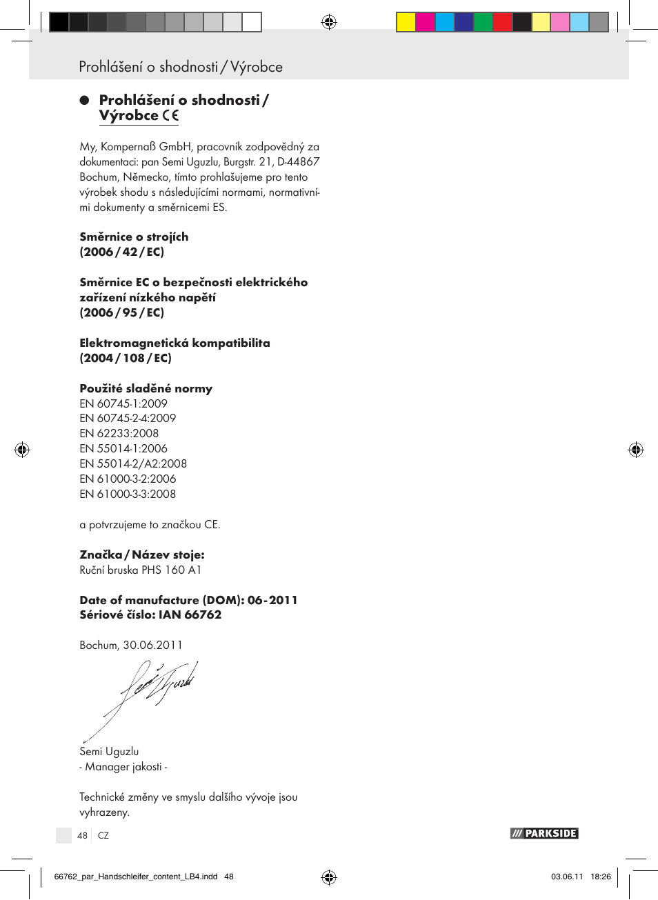 Prohlášení o shodnosti / výrobce | Parkside PHS 160 A1 User Manual | Page 49 / 67