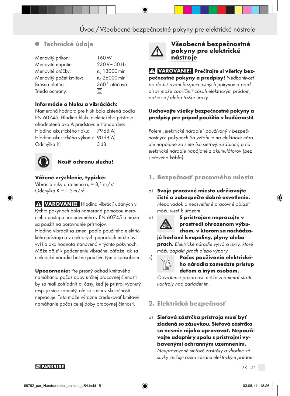 Technické údaje, Bezpečnosť pracovného miesta, Elektrická bezpečnosť | Parkside PHS 160 A1 User Manual | Page 52 / 67