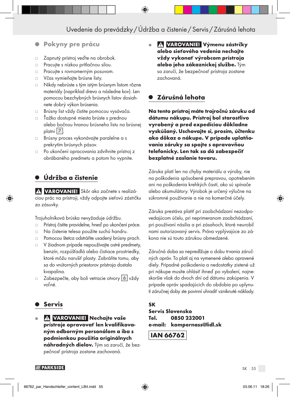 Pokyny pre prácu, Údržba a čistenie, Servis | Záruśná lehota | Parkside PHS 160 A1 User Manual | Page 56 / 67