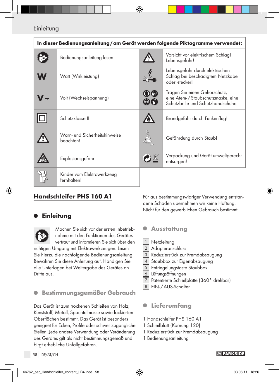 Einleitung, Handschleifer phs 160 a1, Bestimmungsgemäßer gebrauch | Ausstattung, Lieferumfang | Parkside PHS 160 A1 User Manual | Page 59 / 67
