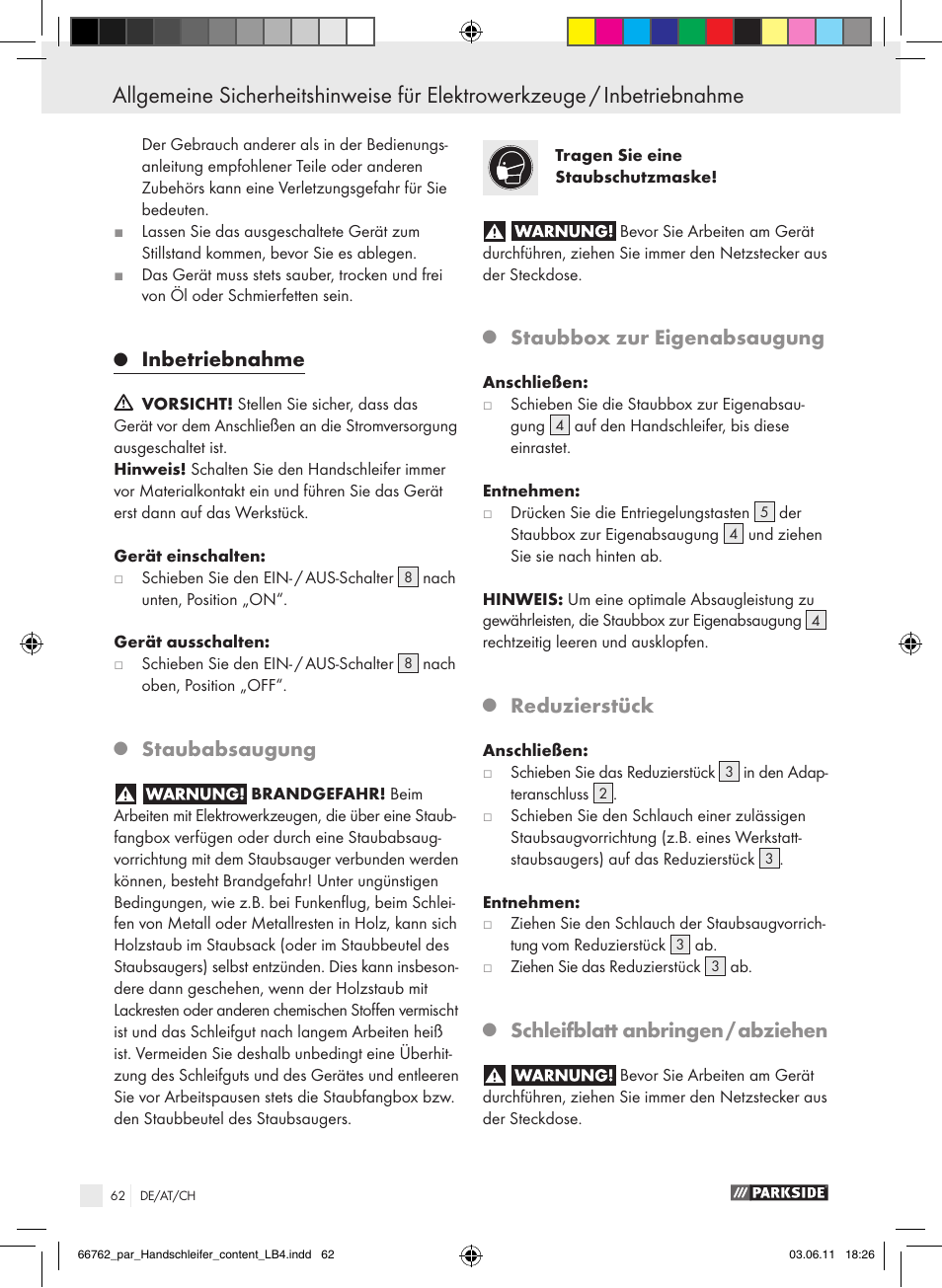 Inbetriebnahme, Staubabsaugung, Staubbox zur eigenabsaugung | Reduzierstück, Schleifblatt anbringen / abziehen | Parkside PHS 160 A1 User Manual | Page 63 / 67